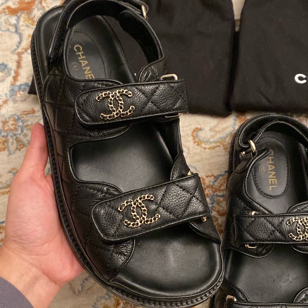 Authentic Chanel Dad Sandals 38C Black Caviar Leather - Picture 3 of 12